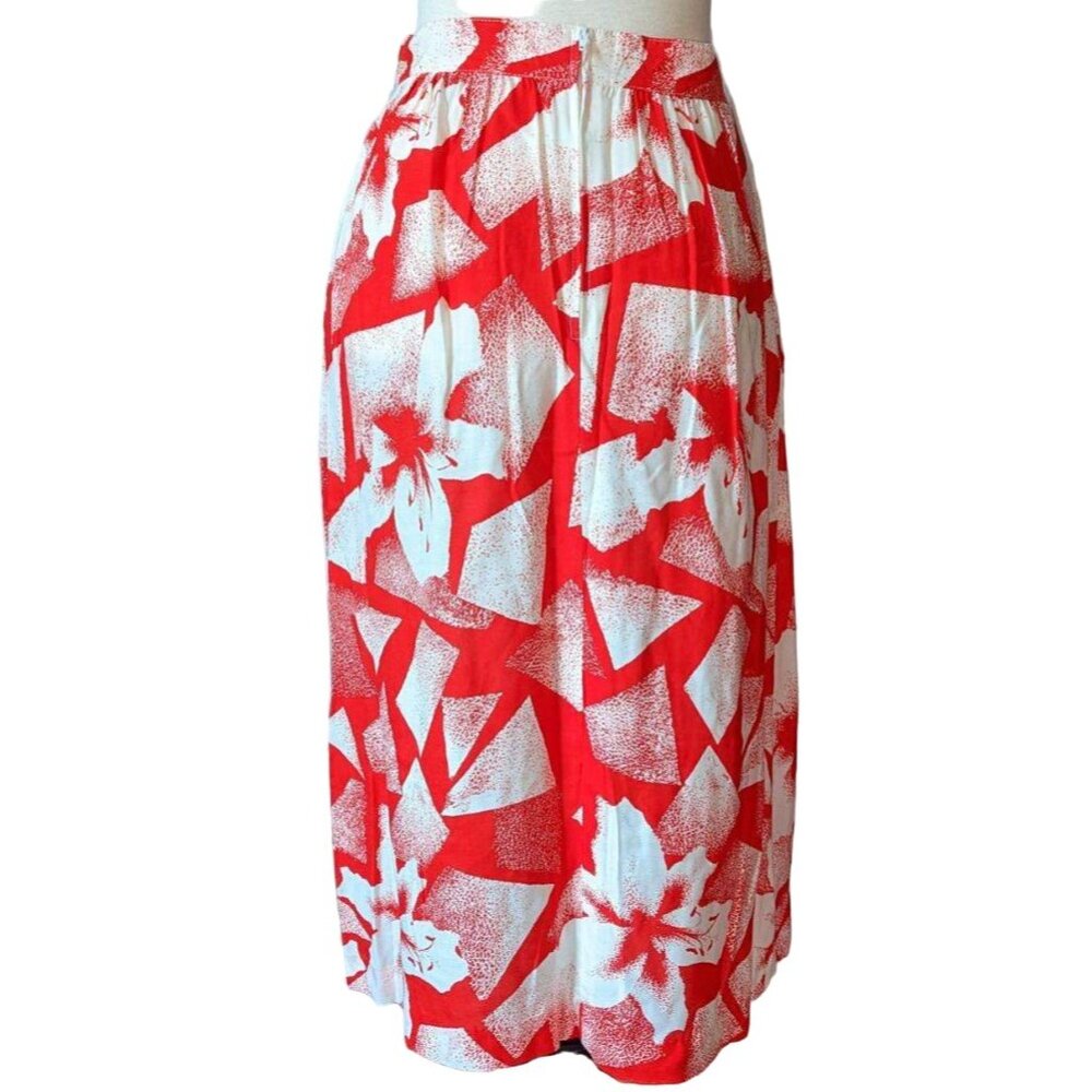 Carrie Beene Vintage Flowy Skirt Sz 12 Red & White Lily Abstract Floral Made in